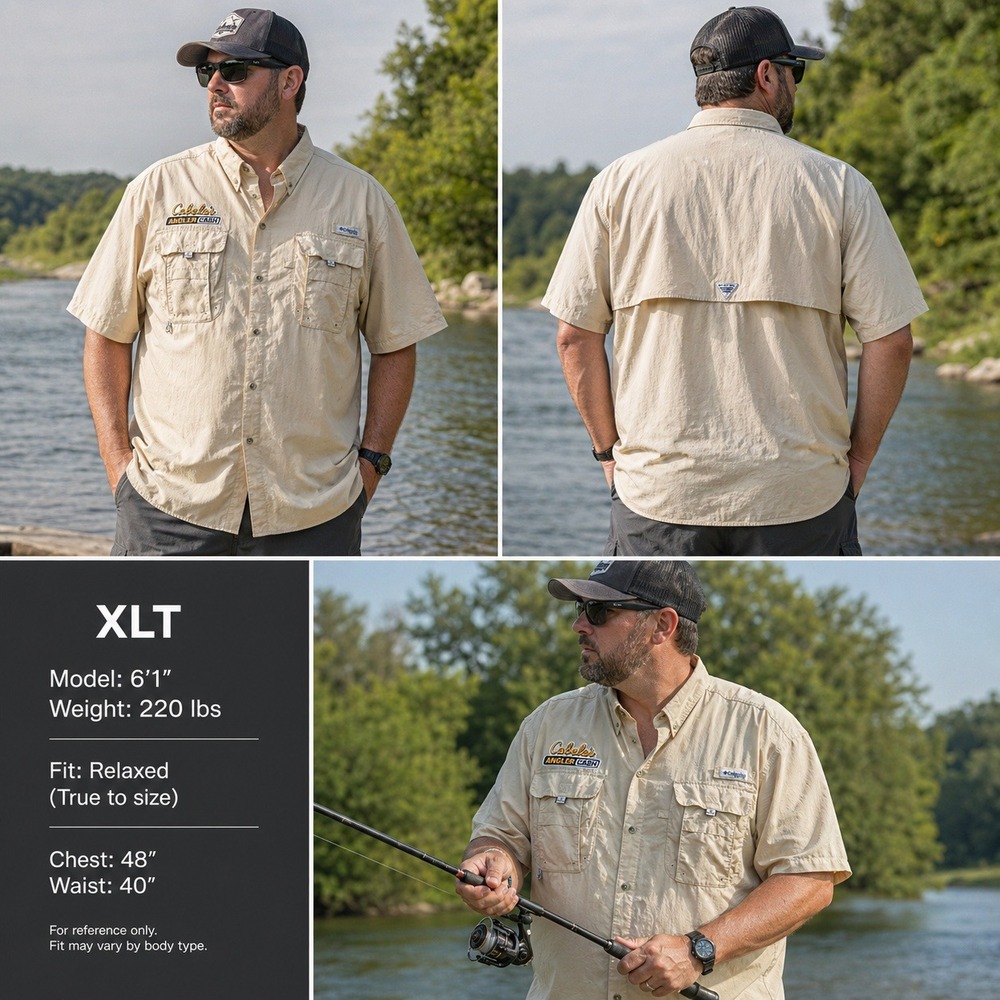 Columbia PFG Mens XLT Beige Short Sleeve Fishing Shirt Cabelas Angler Cash 112FT